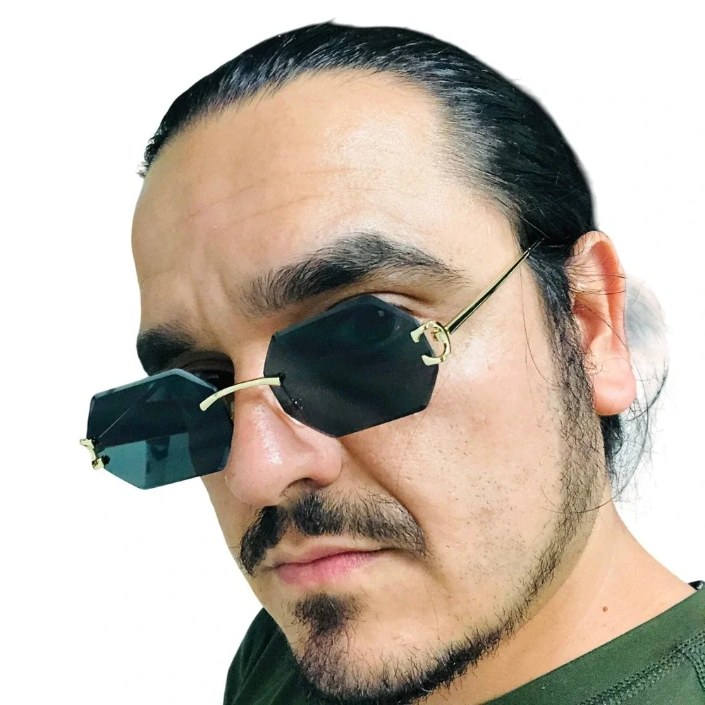 Rimless Men Sunglasses Dark Black Lens Gold Accents Fashion Shades Cholo Ganster